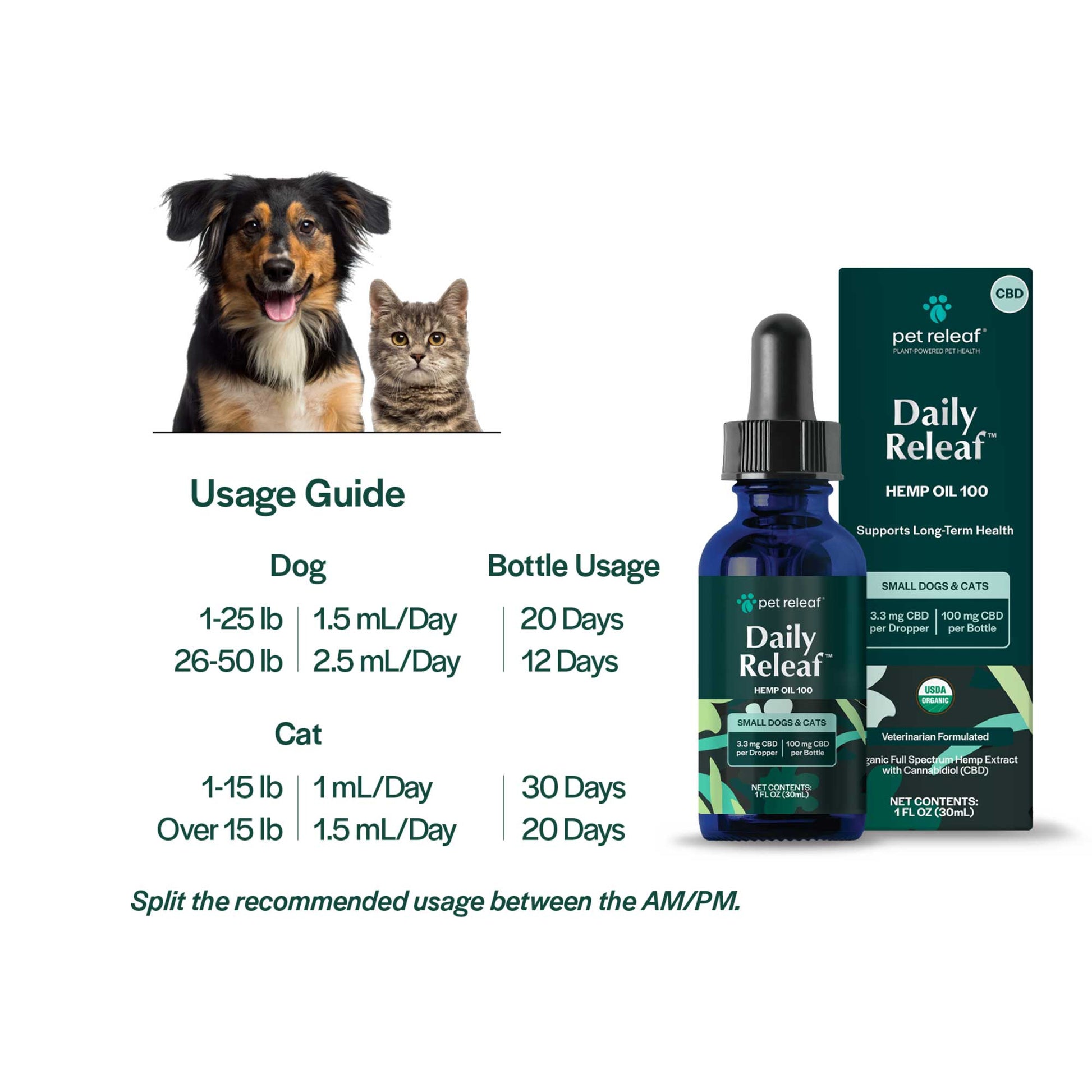 USDA Organic Daily Releaf 100mg CBD Oil For Small Dogs & Cats CBD Oil