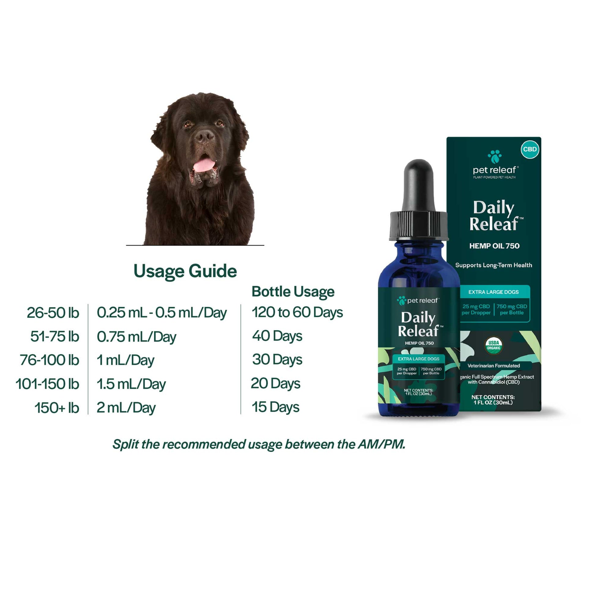 USDA Organic Daily Releaf 750mg CBD Oil For XL Dogs CBD Oil