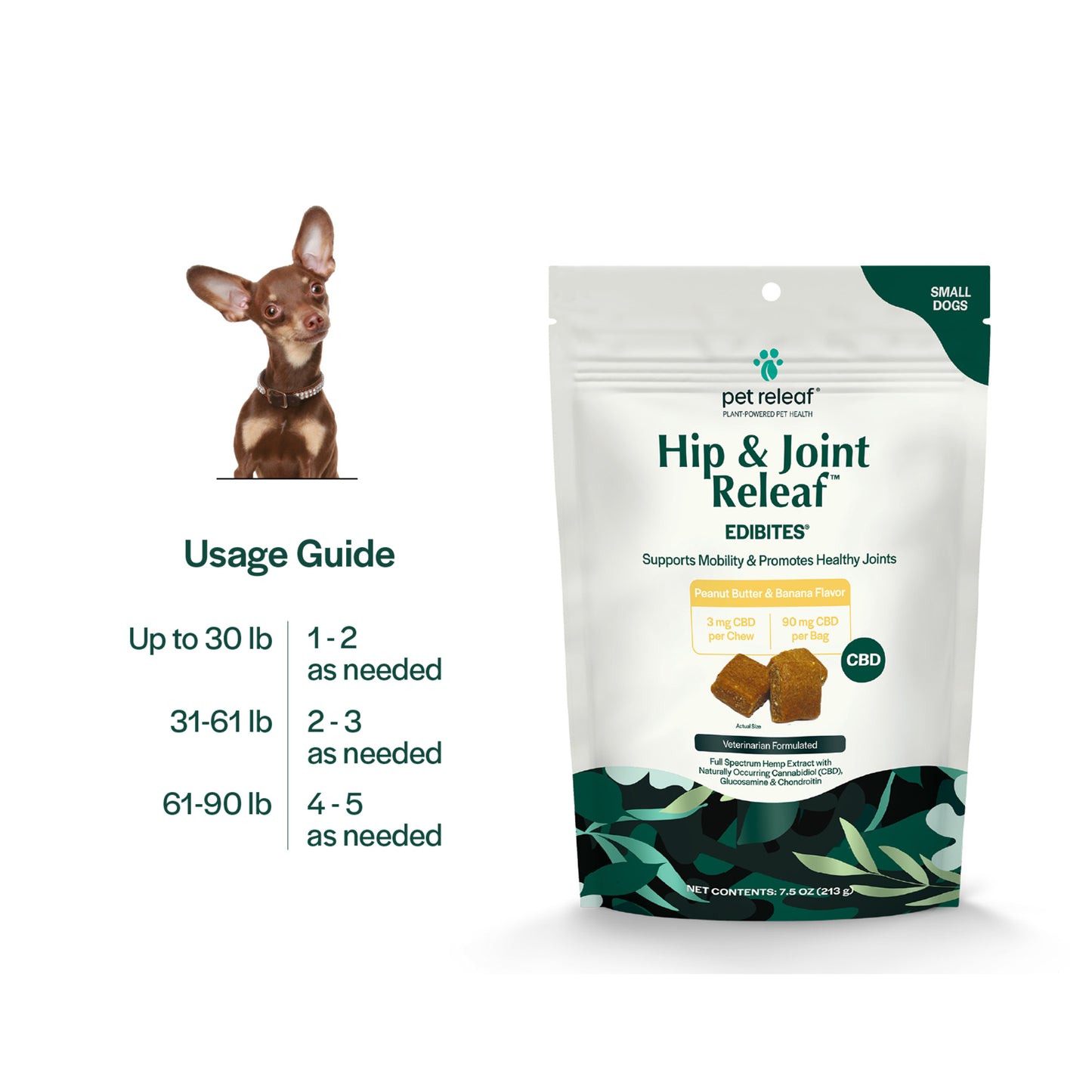 Hip & Joint Releaf CBD Edibites For Small Dogs – Peanut Butter Banana CBD Chew