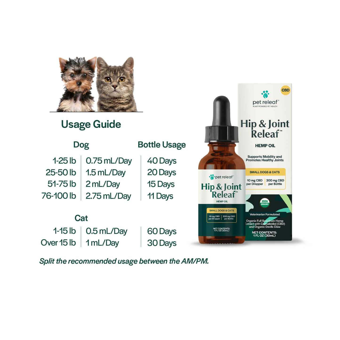 USDA Organic Hip & Joint Releaf 300mg CBD Oil For Small Dogs & Cats Hip & Joint CBD Oil