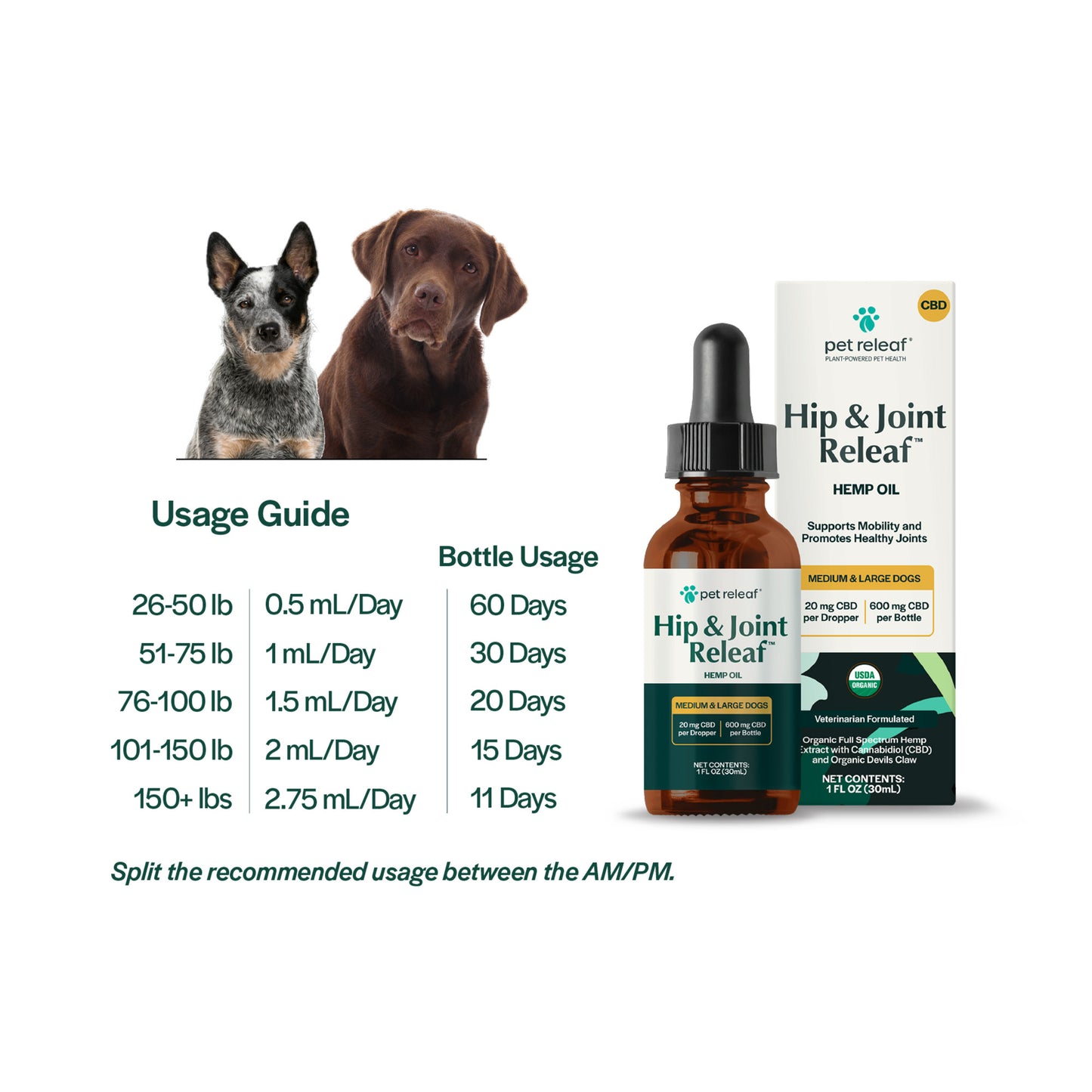 USDA Organic Hip & Joint Releaf 600mg CBD Oil For Medium & Large Dogs Hip & Joint CBD Oil