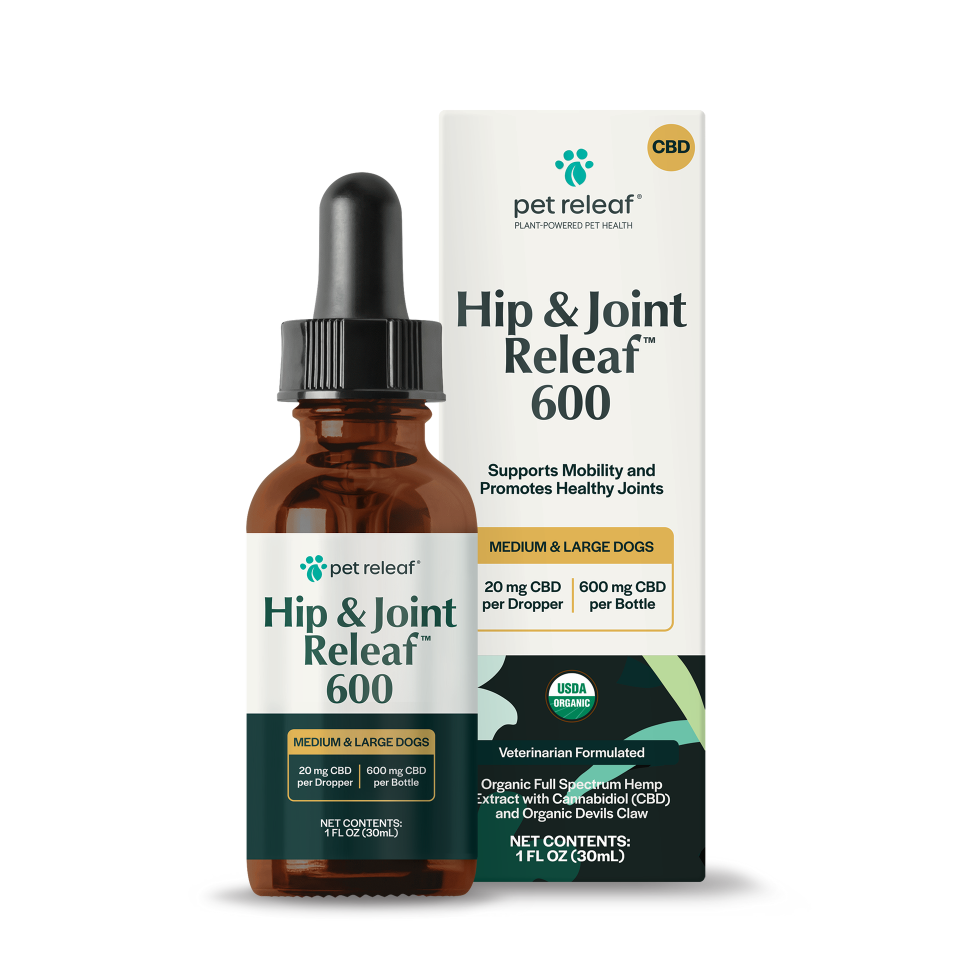 USDA Organic Hip & Joint Releaf 600mg CBD Oil For Medium & Large Dogs Hip & Joint CBD Oil